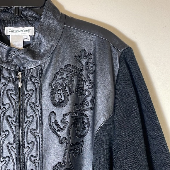 🖤😎Coldwater Creek | Black Leather Embroidered Sweater Jacket Size Petite XL - Picture 4 of 9